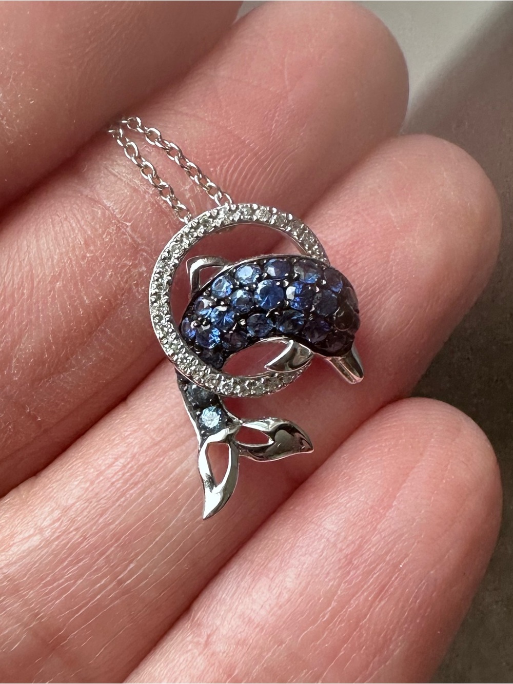 White Gold Diamond and Sapphire Dolphin Necklace